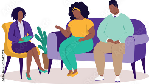Unhappy Plus Size Black Couple Seeing A Marriage Counsellor Together.