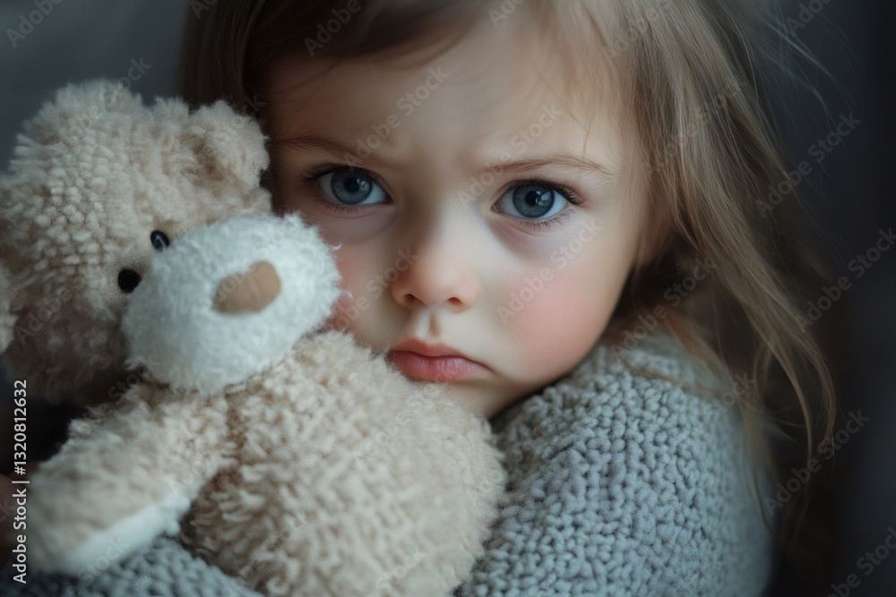 Portrait of a sick child hugging a teddy bear, suffering from a cold with a runny nose and tired eyes Portrait of a sick child hugging a teddy bear, suffering from a cold with a runny nose and tired eyes