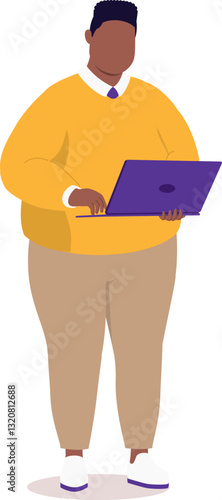One Plus Size Black Man In Smart Casual Standing And Using A Laptop.