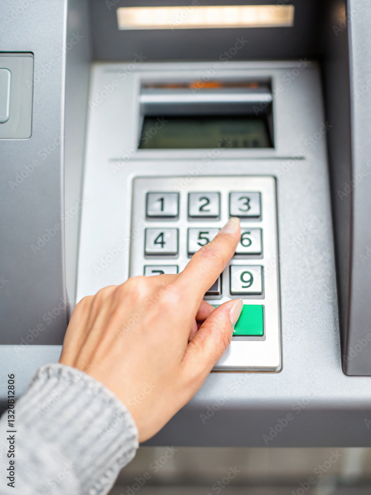 Hand entering PIN on ATM keypad with gray machine and blurred background Hand entering PIN on ATM keypad with gray machine and blurred background