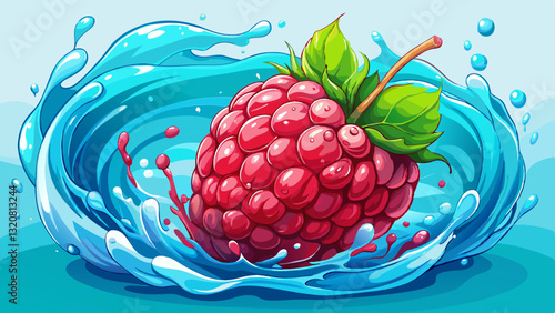 Raspberry Splash: A vibrant red raspberry plunges into a pool of water, creating a dynamic splash, highlighting the fruit's freshness. capturing the essence of refreshment and natural