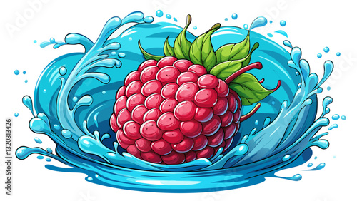 Raspberry Splash: A vibrant red raspberry plunges into a pool of water, creating a dynamic splash, highlighting the fruit's freshness. capturing the essence of refreshment and natural