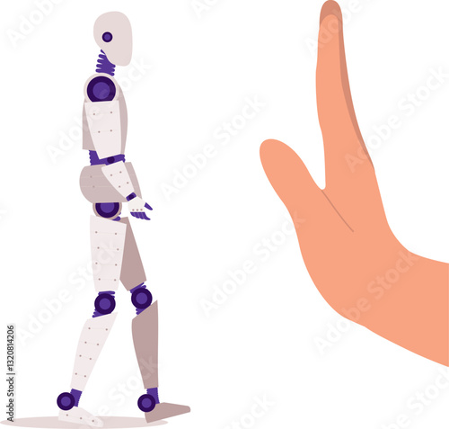 Concept Of Human Resist Artificial Intelligent. Human’s Hand In Stop Gesture Rejecting An AI Robot.