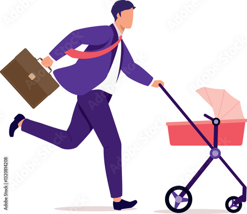 Side View Of A Father With Businesswear And Bag Running While Pushing His Baby Stroller.
