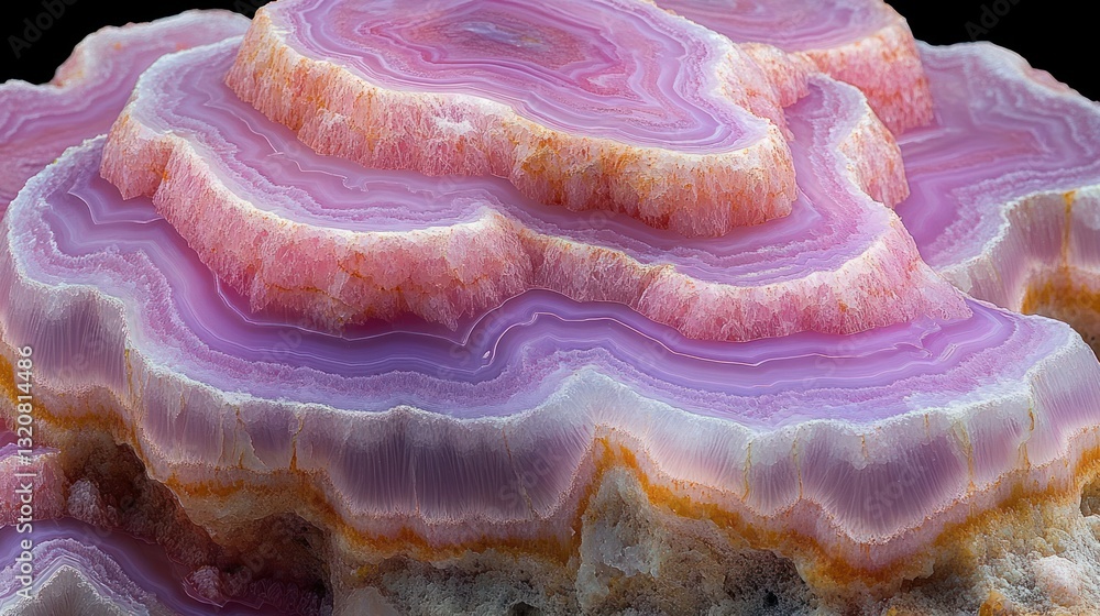 Close-up view of layered agate slices, showcasing intricate bands of pink and purple. The layers have a textured, mountainous appearance, with light-catching crystalline structures Close-up view of layered agate slices, showcasing intricate bands of pink and purple. The layers have a textured, mountainous appearance, with light-catching crystalline structures