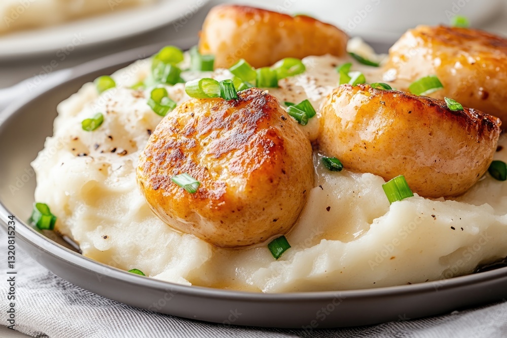 Comfort Food Classic Bangers and Mash With Creamy Gravy Served on a Linen Napkin With Fresh Green Onion Garnish Comfort Food Classic Bangers and Mash With Creamy Gravy Served on a Linen Napkin With Fresh Green Onion Garnish