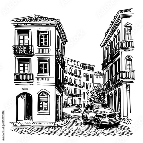 Engraved vector illustration of a bustling urban street featuring historic buildings and classic cars at twilight