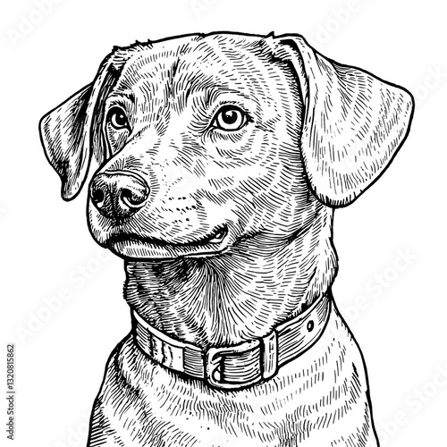 Engraved illustration of a dog portrait featuring intricate detailing, perfect for tattoo design or packaging art
