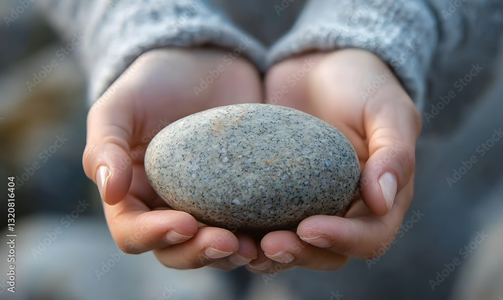 Delicate Hold: Gentle hands cradle a smooth, gray stone, showcasing a moment of quiet contemplation and connection with nature. Evoking a sense of peace. Delicate Hold: Gentle hands cradle a smooth, gray stone, showcasing a moment of quiet contemplation and connection with nature. Evoking a sense of peace.