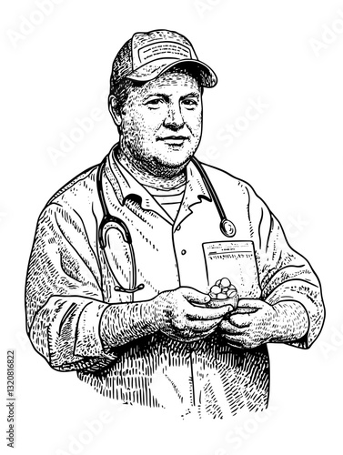 Engraved illustration of a doctor holding medicine in a heartfelt moment of care and connection for patients in a clinic setting
