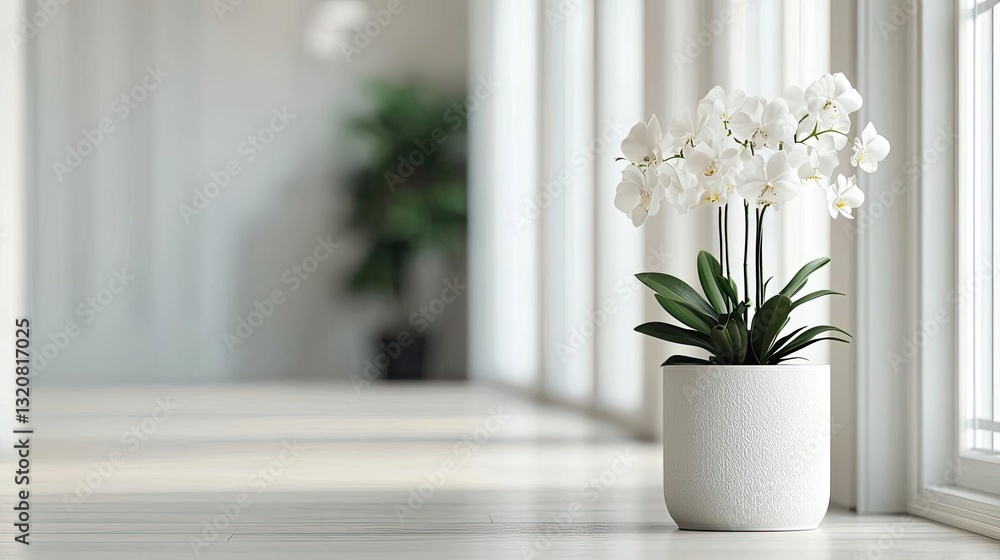 Geometric shapes illustration abstract background idea. Elegant white orchid in a bright hallway, enhancing the serene atmosphere. Geometric shapes illustration abstract background idea. Elegant white orchid in a bright hallway, enhancing the serene atmosphere.