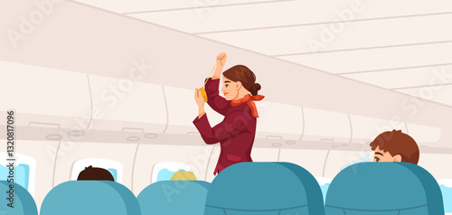 Flight attendant demonstrating oxygen mask safety procedure inside an airplane cabin, with passengers seated. Aviation safety concept. Vector illustration