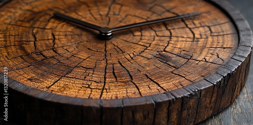 Rustic Wooden Clock Face Closeup with Natural Tree Ring Texture