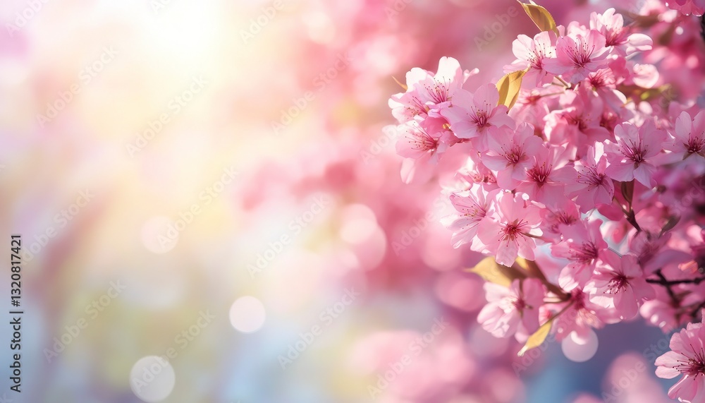 Blooming Cherry Blossom Branch with Sunlight and Bokeh Effect in Spring Blooming Cherry Blossom Branch with Sunlight and Bokeh Effect in Spring