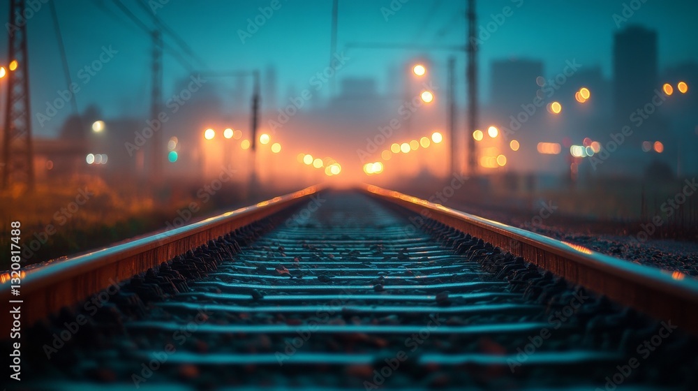 Fototapeta premium Metal rails glisten as warm lights of the city peek through the descending fog. The tranquil evening atmosphere invites reflection on distant travels and adventures yet to come