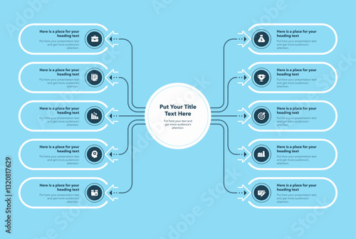 Flowchart infographic with central circle and ten options - blue version. Flat chart design with thin lines for website or data presentation.