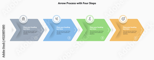 Arrow infographic process template with four steps. Simple diagram with icons and thin lines for workflow layout, banner or web design.