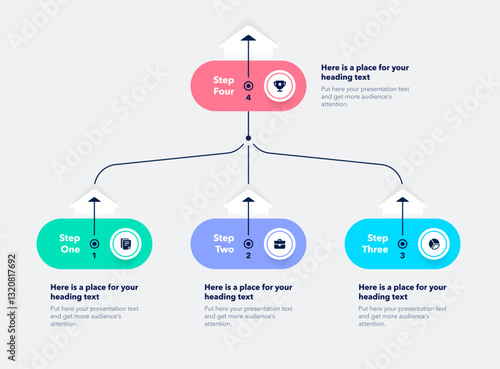 Vertical template for converging arrows with three levels. Infographic design for website or data presentation.