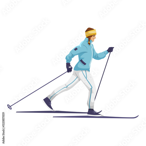 A skier in winter sportswear skiing cross-country using poles. The illustration features a dynamic pose on a white background. Winter sport concept. Vector illustration