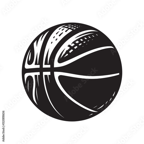  Vintage Style Basketball Vector Illustration, solid black silhouette of a basketball vector on a white background