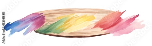 Colorful paint strokes on a wooden palette create an artistic vibe.