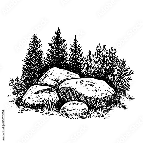 Engraved vector illustration of a natural rock formation surrounded by lush greenery and trees, capturing an artistic wilderness vibe