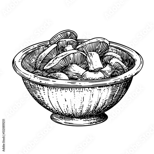 Engraved illustration of a bowl filled with mushrooms, showcasing detailed linework and artistic finesse suitable for tattoo designs and packaging