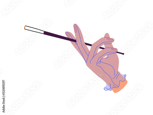 Female hand in elegant gloves with fashion cigarette holder. Graceful woman, lady holds long mouthpiece with cig. Luxury retro tool for smoking. Flat isolated vector illustration on white background