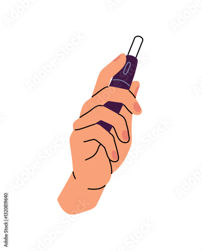 Smoker holds heated tobacco device. Modern electronic cigarette, ecigarette in human hand. Trendy e cig pen, equipment, system for smoking. Flat isolated vector illustration on white background
