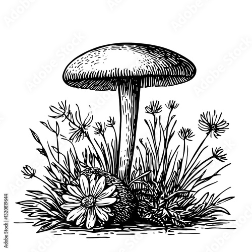 Engraved illustration of a mushroom surrounded by wildflowers, capturing the essence of nature in intricate detail