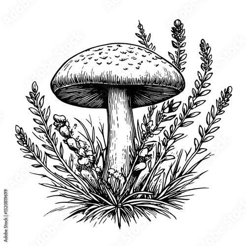 Intricate engraving of a magical mushroom surrounded by delicate foliage for artistic tattoo inspiration and nature-themed packaging design