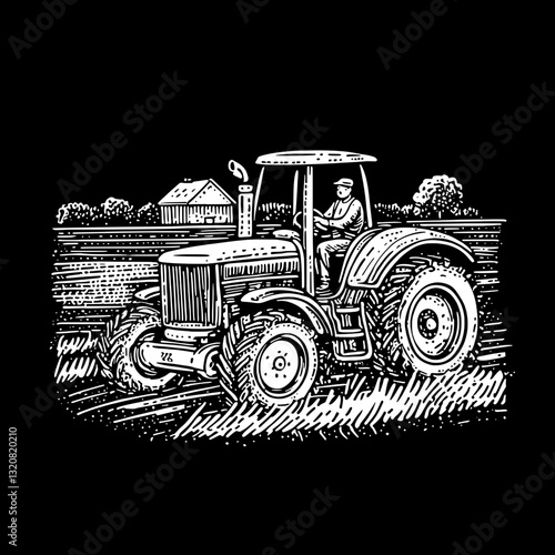 Engraved vector illustration of a serene farm tractor working the field at dusk under the vast sky