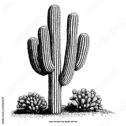 Engraved illustration of a majestic cactus with intricate details, perfect for tattoo and packaging designs
