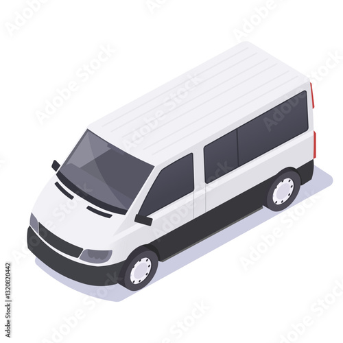 White cargo van in isometric style with black windows and details on a white background. Concept of delivery, transportation, and logistics. Vector illustration