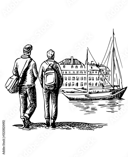 Two travelers admiring a classic sailing ship from the shore during a tranquil afternoon by the water