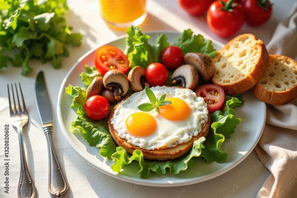Delicious Breakfast Plate with Fried Eggs, Vegetables, Mushrooms, Tomatoes, Bread, and Fresh Salad Delicious Breakfast Plate with Fried Eggs, Vegetables, Mushrooms, Tomatoes, Bread, and Fresh Salad