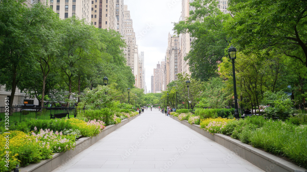 Bright urban park walkway surrounded by lush greenery and city skyscrapers Bright urban park walkway surrounded by lush greenery and city skyscrapers