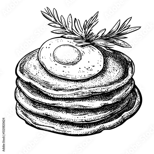 Delicate illustrations of stacked pancakes topped with an egg and garnished with fresh herbs for creative design projects