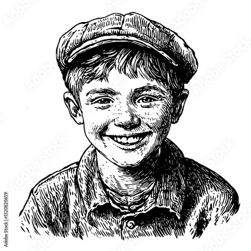 Engraved illustration of a smiling young boy wearing a cap, capturing the innocence and charm of childhood in a vintage style