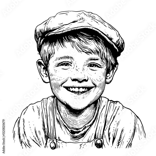 Charming young boy smiling joyfully in vintage attire with cap, embodying innocence and playfulness in a timeless illustration