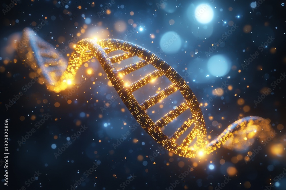 An abstract rendering of a glowing DNA double helix with golden highlights and soft blue bokeh, representing genetic research and scientific advancement concept. An abstract rendering of a glowing DNA double helix with golden highlights and soft blue bokeh, representing genetic research and scientific advancement concept.