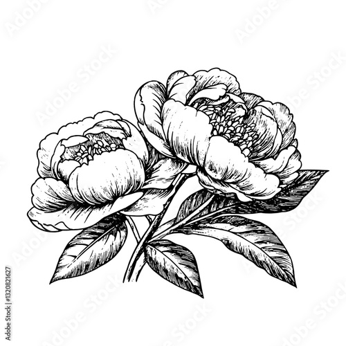 Elegant peony flowers intricately engraved for tattoo design and packaging illustration