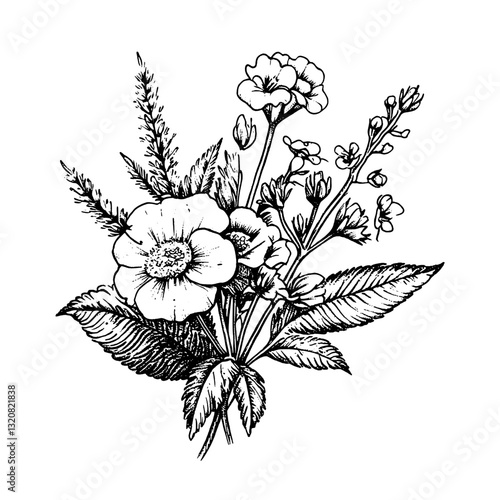 Elegant engraved floral arrangement suitable for tattoos, packaging, and vector art designs