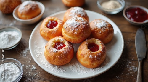 Wallpaper Mural Enjoying freshly baked paczki filled with fruit jam on a rustic wooden table Torontodigital.ca