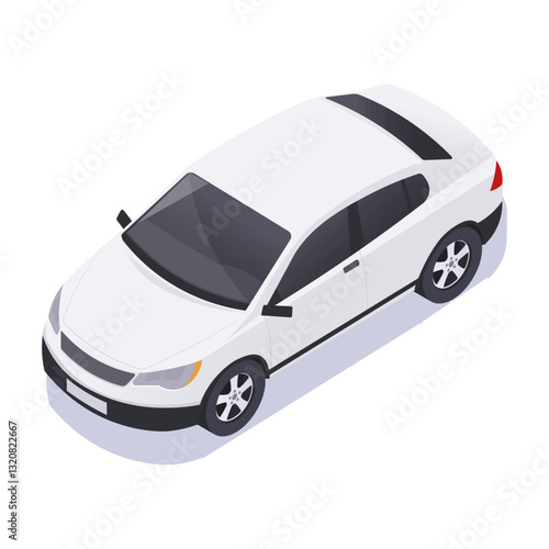 White sedan car in isometric style, viewed from a high angle, on a white background. Concept of transportation and automobile design. Vector illustration