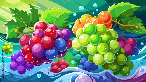 Burst of Freshness: A close-up captures a vibrant splash as grapes, both green and red, are enveloped in water, highlighting their freshness.