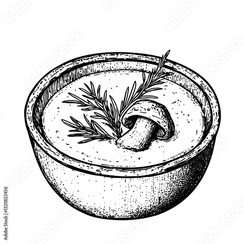 Elegant engraving of a bowl filled with creamy mushroom soup garnished with fresh herbs perfect for tattoo or packaging designs