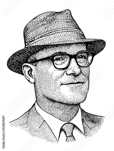 Stylized engraved illustration of a gentleman in a hat, capturing a timeless sophistication and vintage charm through vector art