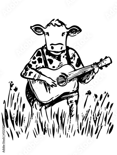 Musical cow serenading in a peaceful meadow with a guitar under the bright sun