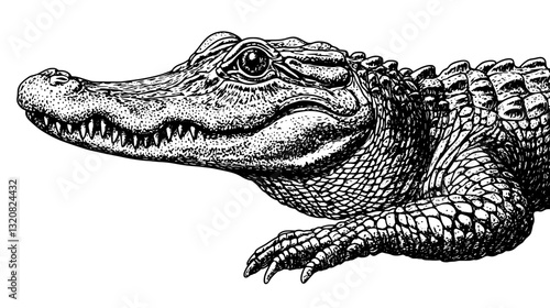 Intricate engraving of a crocodile showcasing detailed scales and textures perfect for tattoo art and packaging design